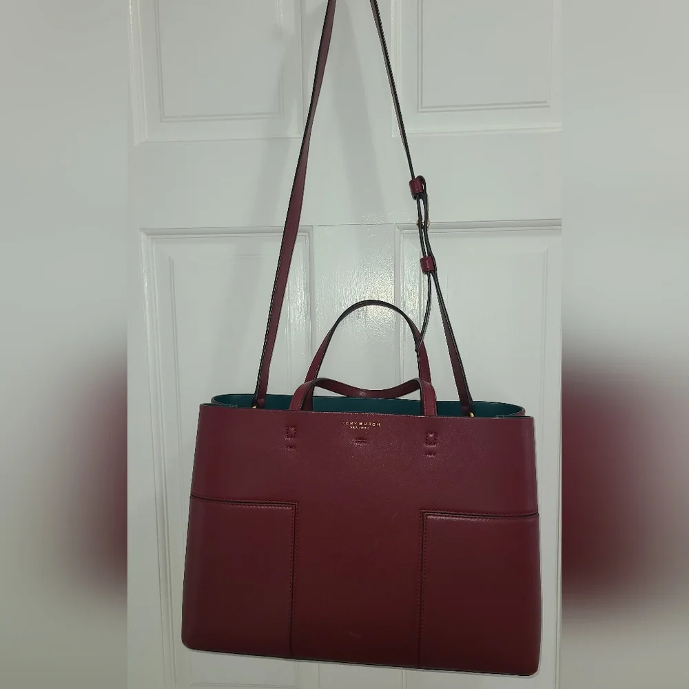 Tory Burch Wine Red Leather Tote with Green Interior - Picture 2 of 12